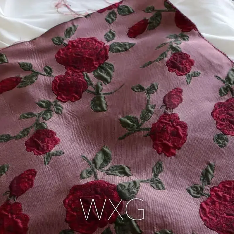 Rose jacquard fabric Dark red brocade three-dimensional rose bag DIY windbreaker fashion fabric fabric