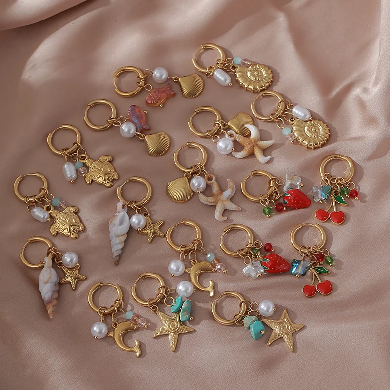 

316L Stainless Steel Starfish Golden Sea Star Turtle Dolphin Shell Earrings Lady New Trend Ear Studs Ocean Jewelry Party Gifts