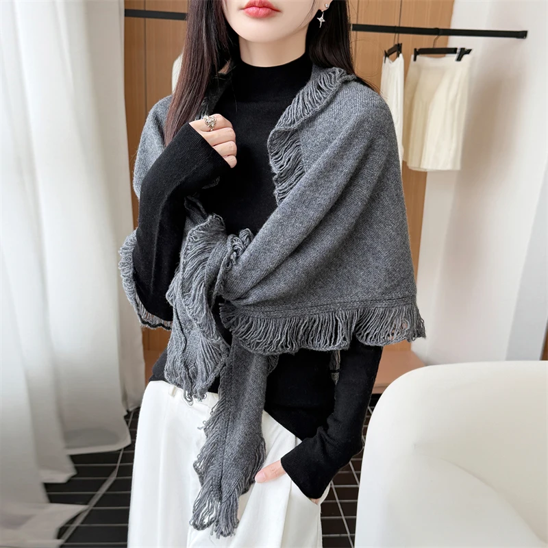 2026 autumn and winter high-end 100% wool tassel knitted shawl women's versatile outerwear warm cashmere scarf top