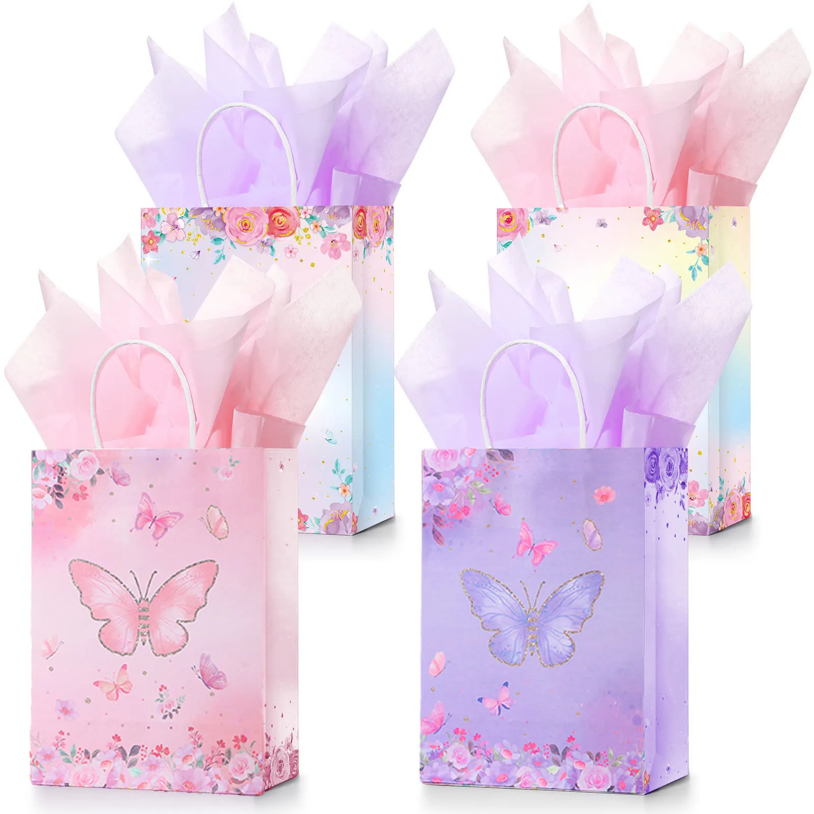 6pcs Butterfly Party Favors Gift Bag Pink Purple Flowers For Girls Butterfly Birthday Party Decoration  Candy Bags with Handles