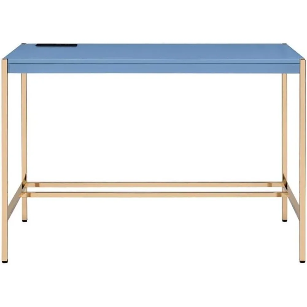 مكتب كتابة خشبي لسطح المكتب مع منافذ USB باللون الأزرق الداكن والذهبي