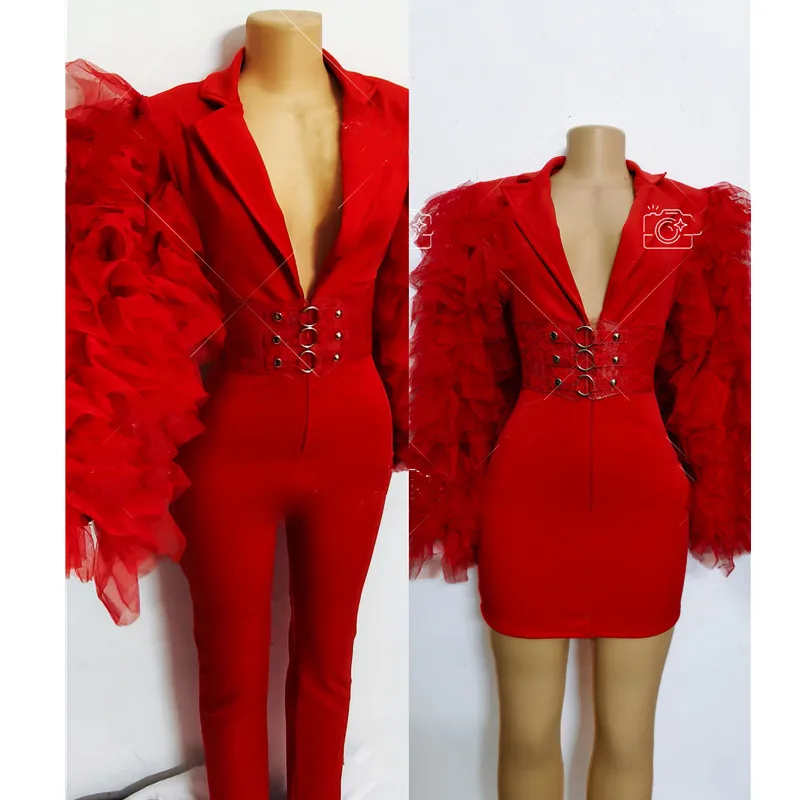 Women Singer Concert Stage Costume Red Puff Sleeve Bodycon Jumpsuit Birthday Prom Evening Celebrate Party Short Dress Bar Show