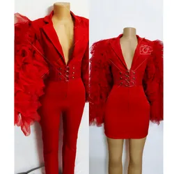 Women Singer Concert Stage Costume Red Puff Sleeve Bodycon Jumpsuit Birthday Prom Evening Celebrate Party Short Dress Bar Show