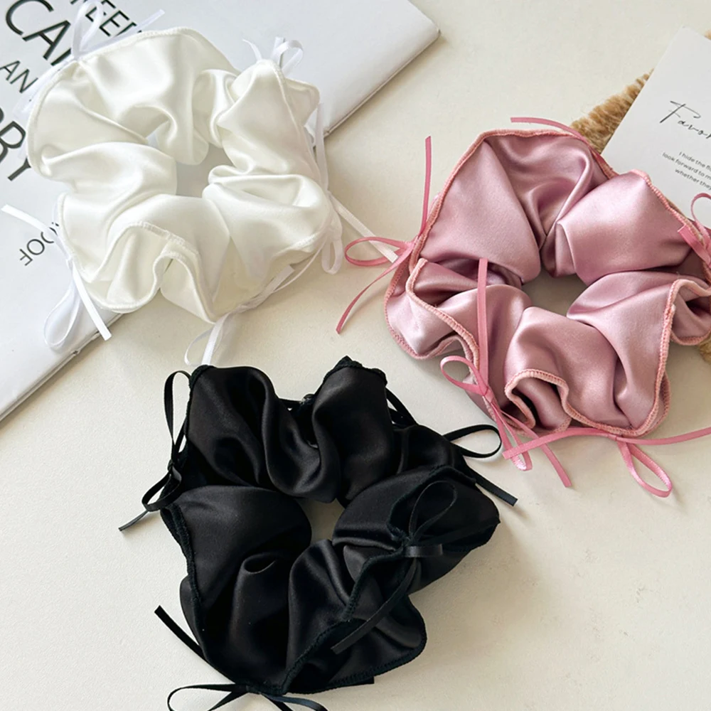 Korean Bows Satin Silk Woman Elastics Hair Band Girls Solid Color Scrunchies Bowknot Hair Ties Ponytail Holder Hair Accessories