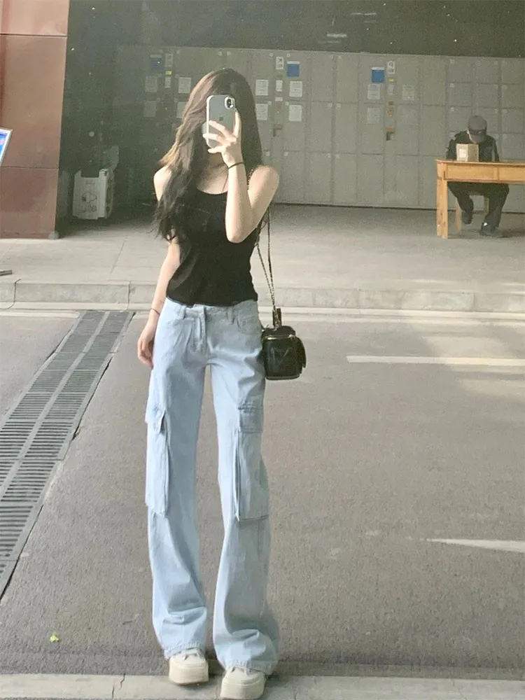 

American High Street Light Blue Wide Leg Workwear Jeans Women Summer Thin Multiple Pockets High Waist Extended Floor Length P...