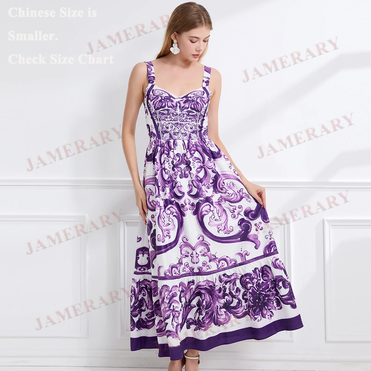 Sommer Floral Print Lange Kleider Frauen Strap Sommerkleid Lila Weiß Porzellan Druck Elastische Zurück Strand Maxi Kleid Mode Elegant