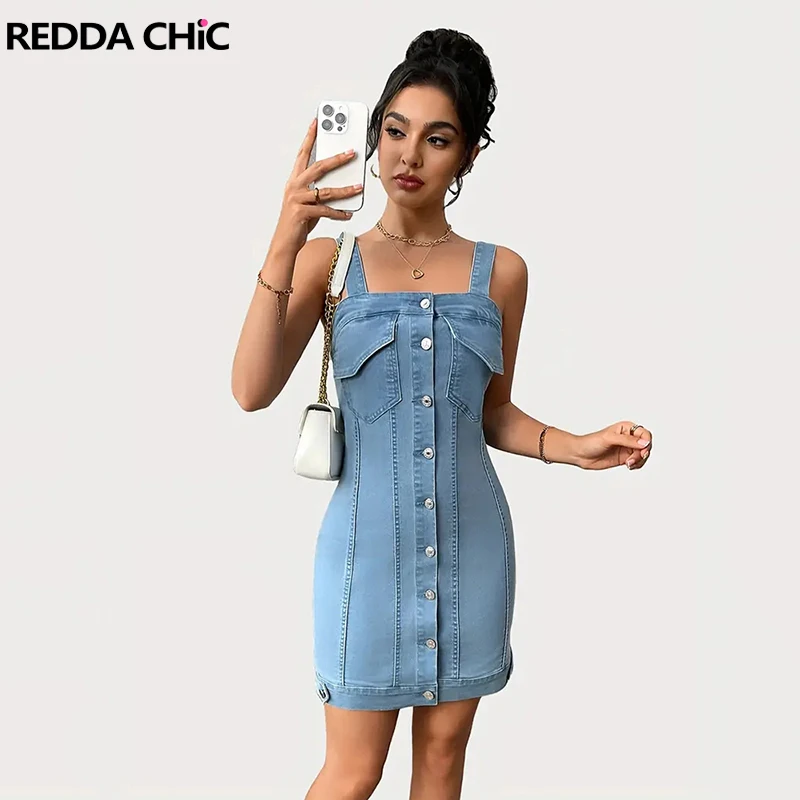 

REDDACHiC винтажное джинсовое облегающее платье, сексуальное облегающее платье-карго на пуговицах спереди, эластичное платье-карго с несколькими карманами, жаркое лето, женская уличная одежда