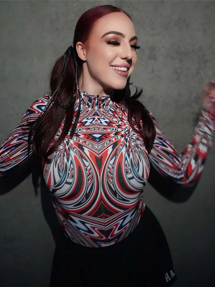 

Nibber Colorful Print Bodysuits Women Turtleneck Long Sleeve High Stretch Sexy Midnight Street Fashion Slim Hottie Classic Tops