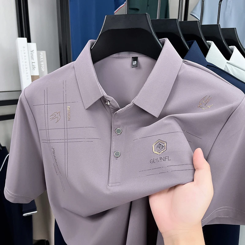 Men's Luxury Quality Printed Lapel Polo Shirt Summer Business Casual Short Sleeved Cool Non Marking Non Iron T-shirt Men's Wear