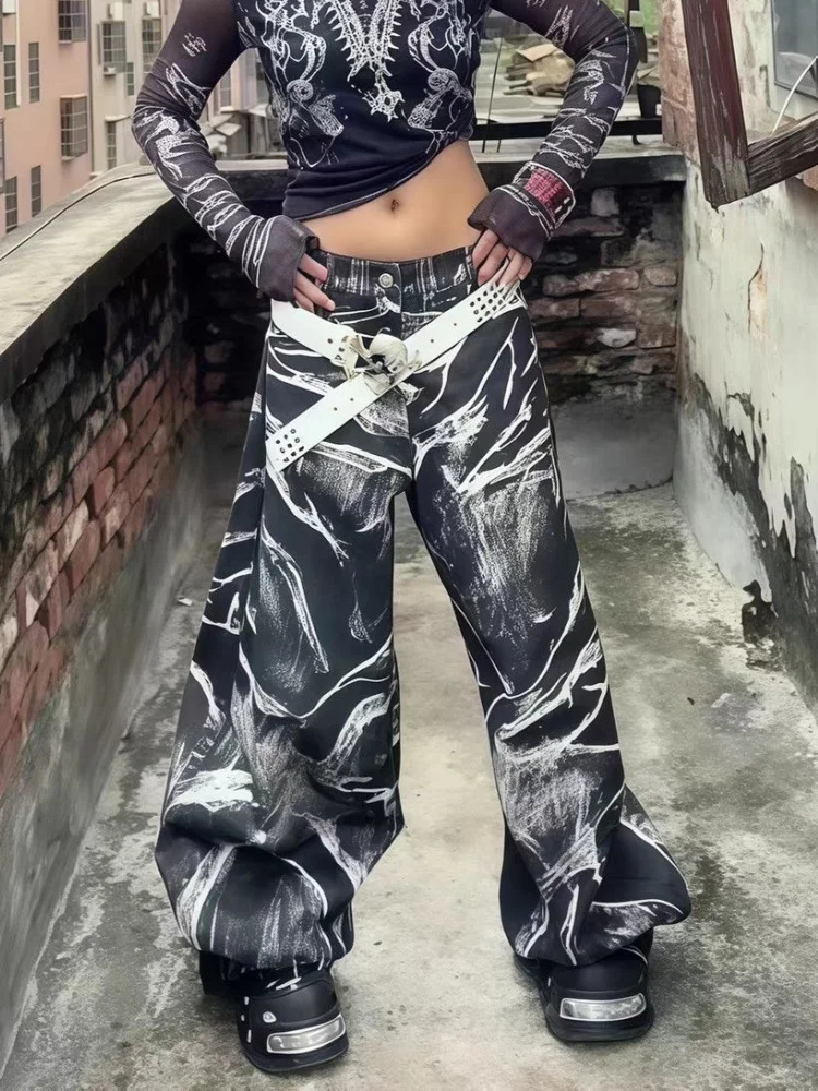 2025 American Retro Y2K Style Tie Dye Washed Black Baggy Women's Jeans Pants Woman Clothing Wide Leg Punk Gothic Long Trousers