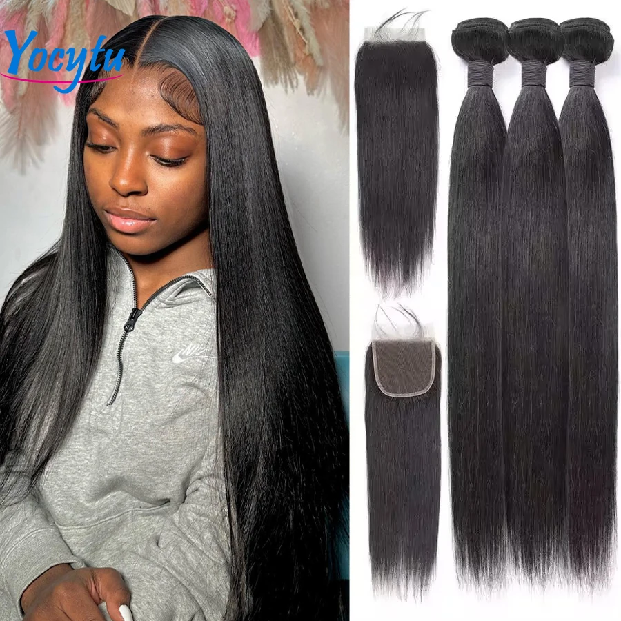 Human Hair Bundles With Closure On Sale 4x4 Transparent Lace Closure Human Hair Brazilian Weave Straight Hair Bundles With Free Shipping For Black