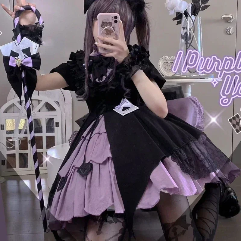 

Gothic Bow High Waisted Slim Short Sleeve Dresses Girls Kawaii Princess Mini Dress Japanese Y2k Punk Style Lolita OP Dress Women