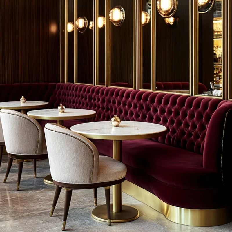 Luxury red round marble table top velvet sofa hotel cafe restaurant box seats with table cafe furniture