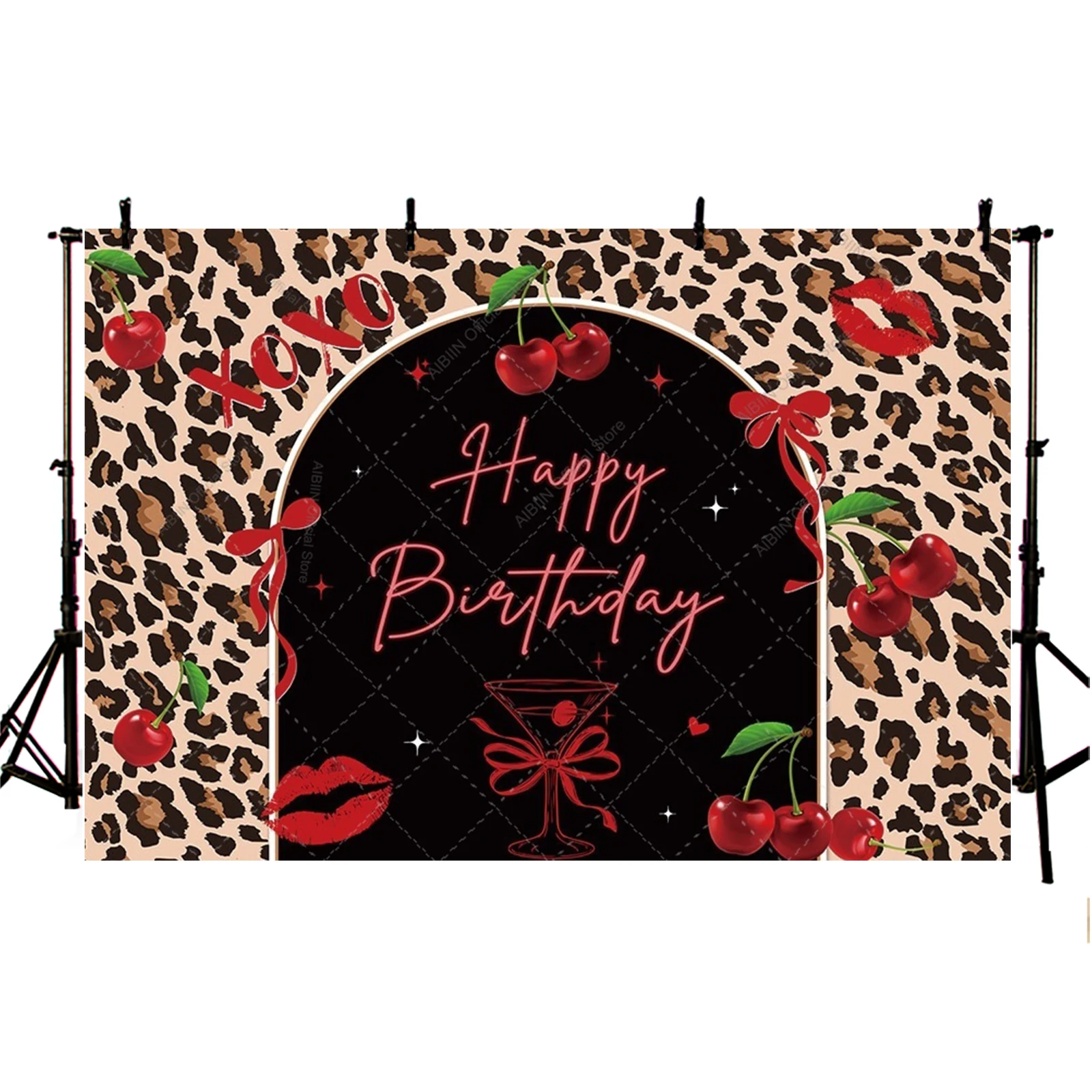 Cheetah Cherry Birthday Backdrop Black and Red Leopard print Wild Animal Kiss Girl Cake Party Decor Background