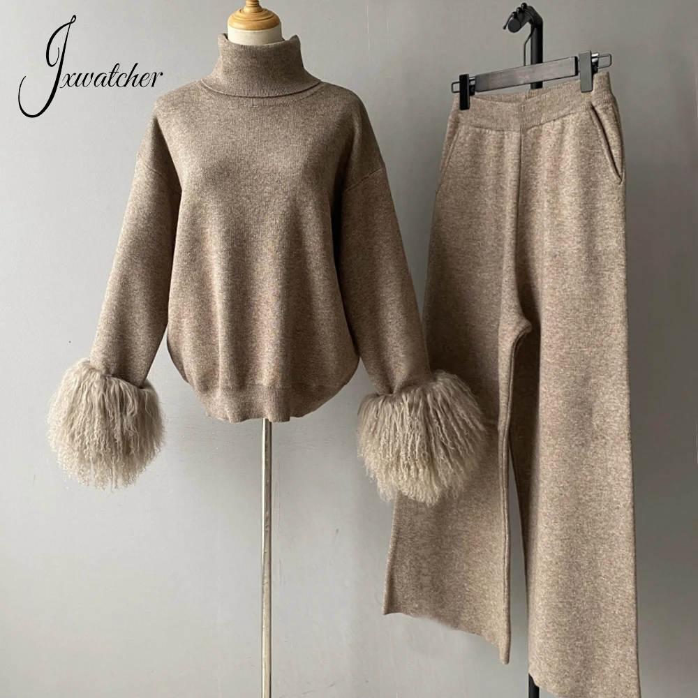 Jxwatcher Women\'s Sweater Set with Real Mongolian Sheep Fur Cuff Ladies Turtleneck Knit Pullover and Pants 2 Piece Stes 2024 New