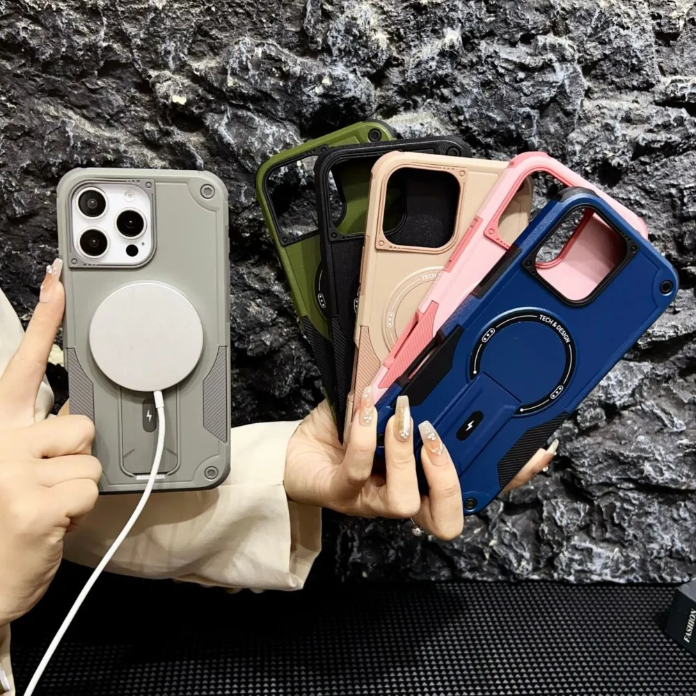 Luxury Magnetic Built-in Stand Phone Case For iPhone 14 16 17 13 11 12 15 Pro Max Air Shockproof Kickstand For Magsafe PC Cover view 2
