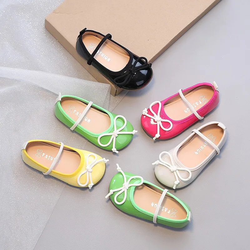 Little Girl's Princess Shoes Sweet Candy Colors Bowtie Cute Kids Mary Janes Shallow Elatsic Band Autumn Children Flat Shoe 21-36