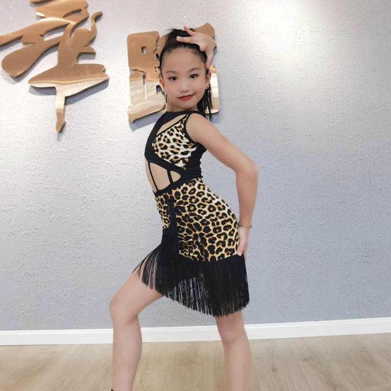 Children'S Latin Dance Costume For Girls Cutout Leopard Latin Dance Dress Fringed Skirt Kids Performance Dancing Clothes SL8961