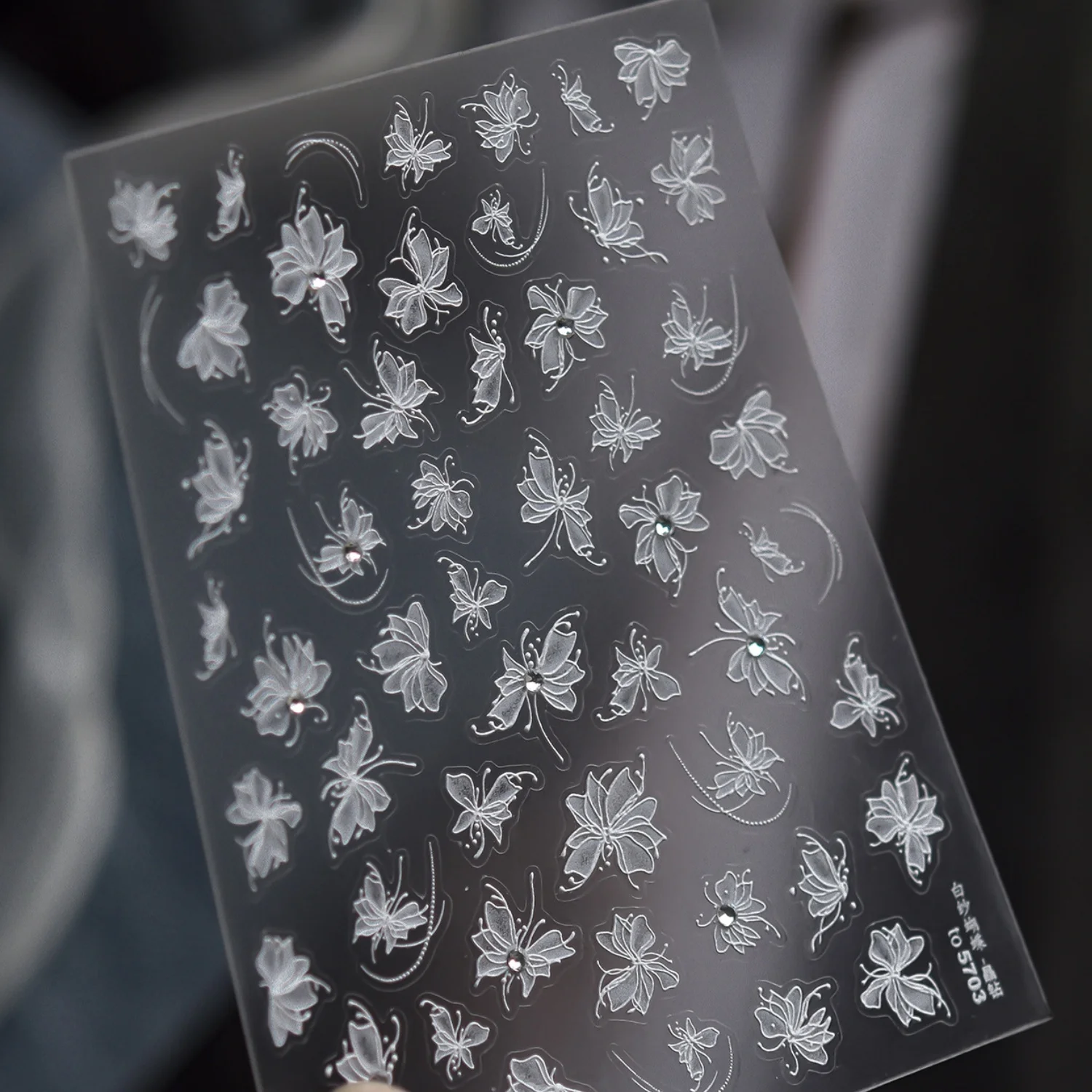 Sheer White Yarn Butterfly Line Butterfly with Rhinestone Ballet Style 5D Embossed Nail Stickers Self-Adhesive Nail Art Decals