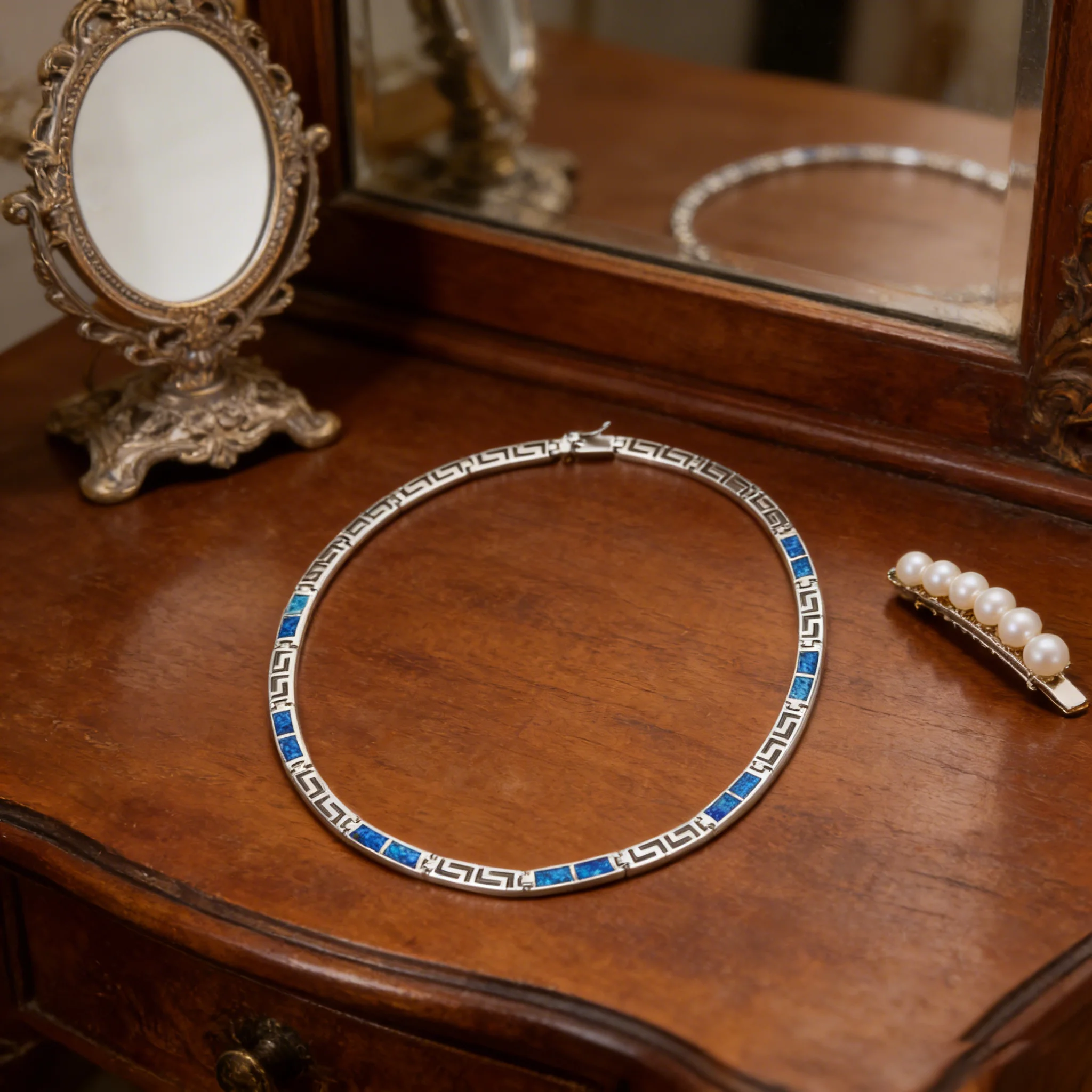 Greek Key Blue Opal Necklace for Women,Silver Color Chain Bohemian Fashion Jewelry - Elegant Pendant Gift Trendy Opal Accessory