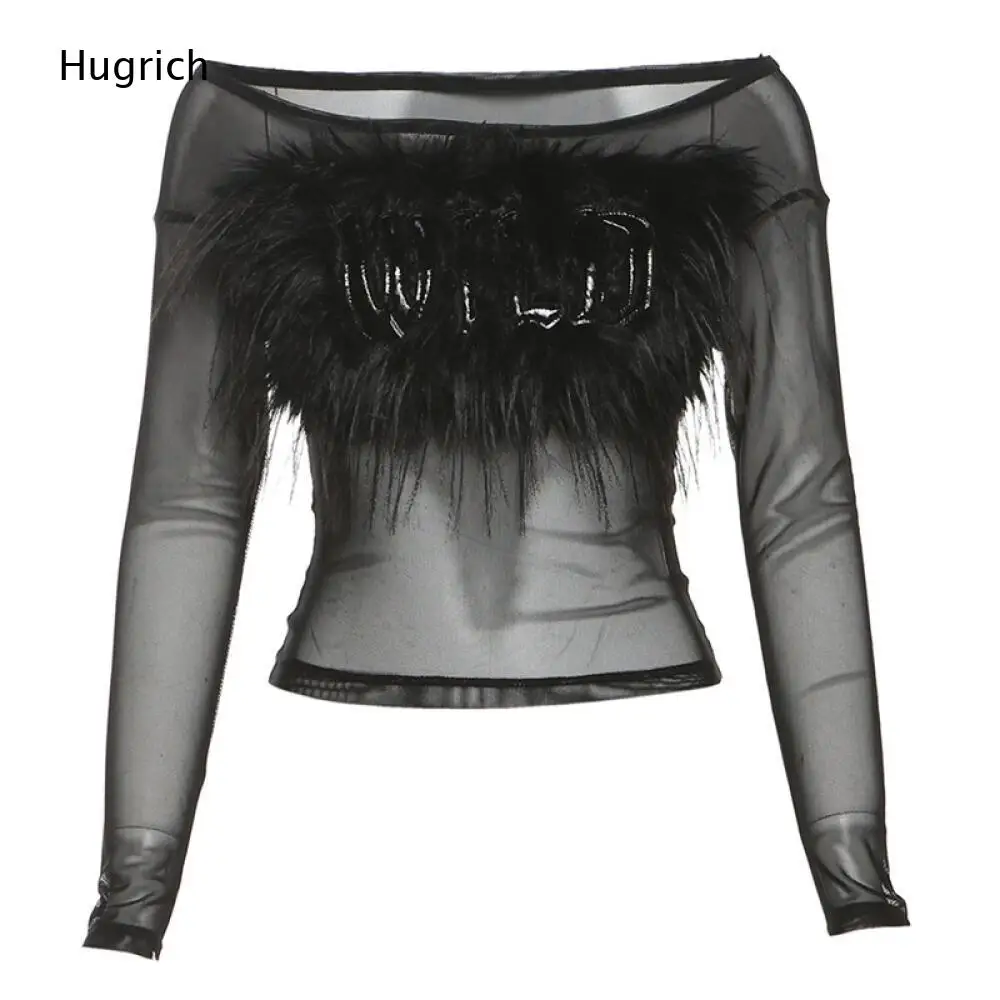 Ladies Slim Cropped Long Sleeve Blouse White Off Shoulder Design Fluffy Furry WILD Letter Embroidery Casual Top