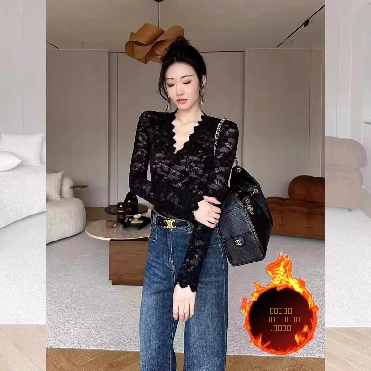 

Новая женская зимняя утепленная блузка с V-образным вырезом, кружевом и оборками, приталенная, теплая, с длинным рукавом