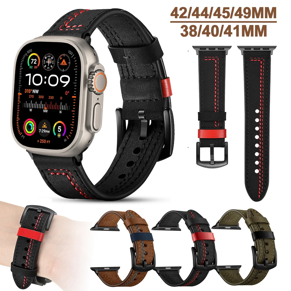 Ремешок из натуральной кожи для Apple Watch Ultra 2 49 мм, браслет для iWatch6 5 4 Se 3 42/38/40/44 мм серии 9 8 7 41 45 мм