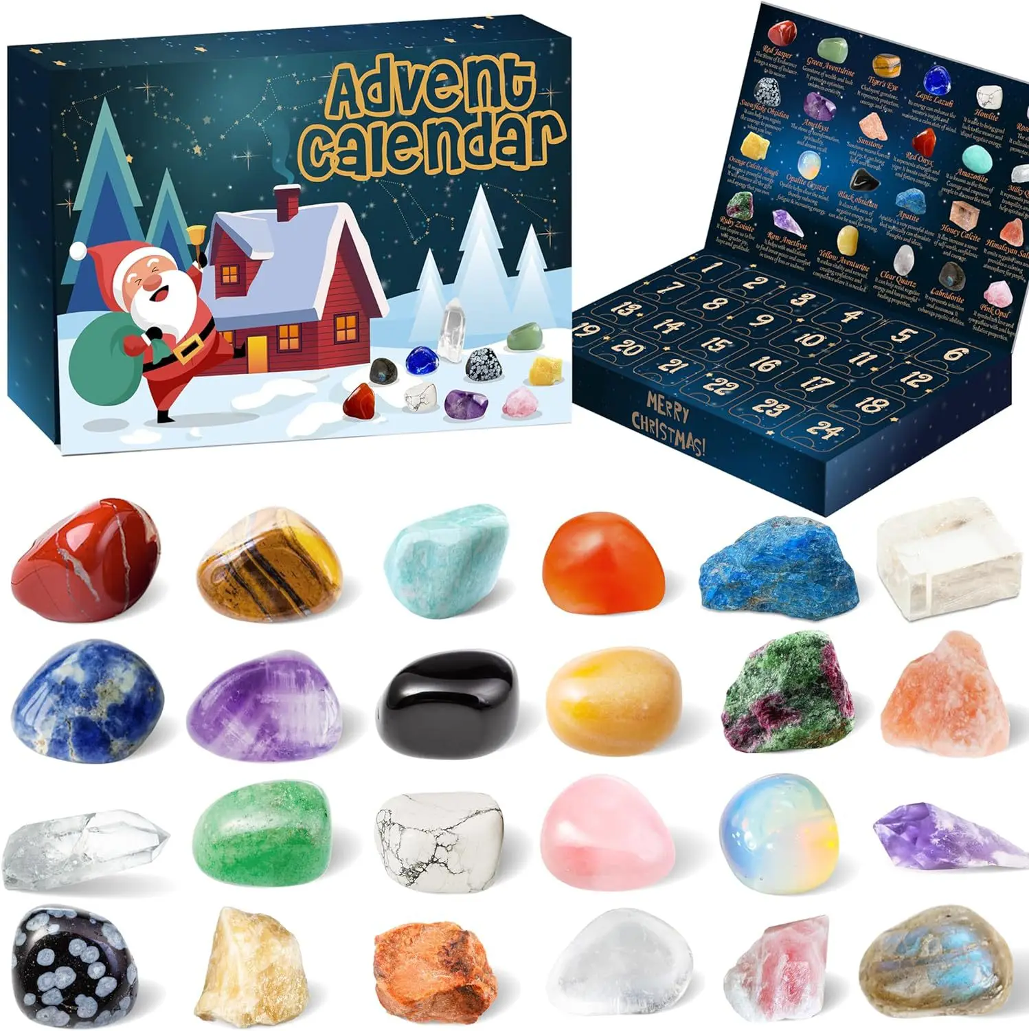 Advent Calendar 24Days Countdown Calendar Natural Crystal Gemstones Collection Box Crystal Stone Gift Box for Kid Christmas Gift