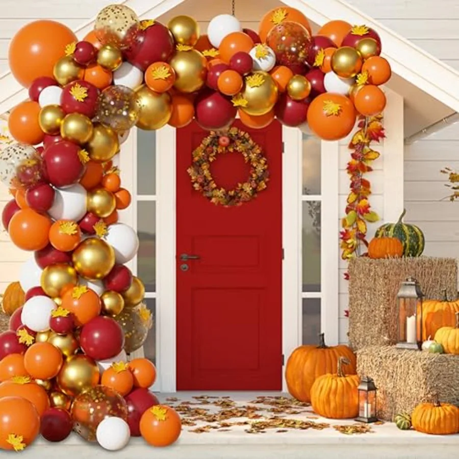 Herbstballons, Girlandenbogen-Set, Orange, Gold, Burgunderrot, Weiß, Konfetti-Luftballons mit künstlichen Ahornblättern, Girlande für Thanksgivi