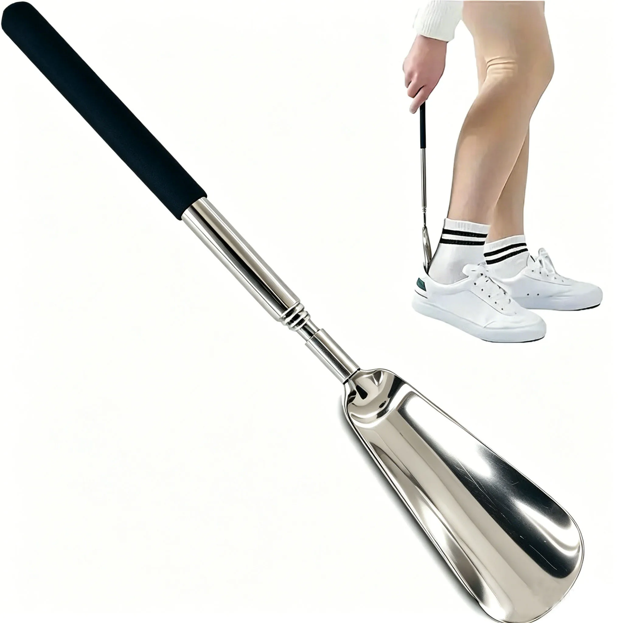 1Pc Upgraded 5 Sections Extendable Shoe Horn Reinforced Joint Stainless Steel Shoe Spoon With Non-Slip Handle Adjustable Length