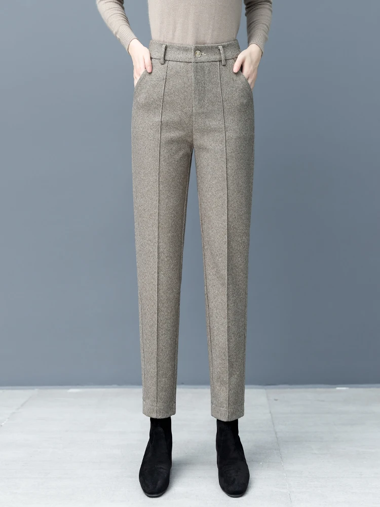 High Waist Thickened Fleece Lined Woolen Harlan Pants Women's Casual Straight Leg Suit Pants Autumn Winter New Arrival
