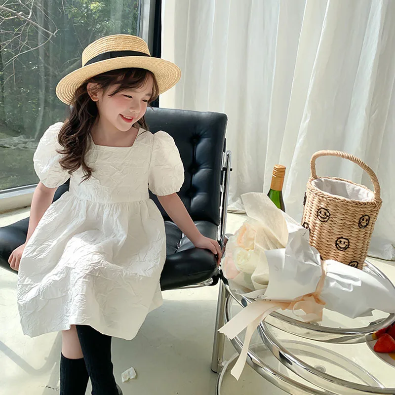 Girl Baby Summer Temperament Small Square Collar Jacquard Dress Children Wrinkled Bubble Sleeve Birthday Party White Dress