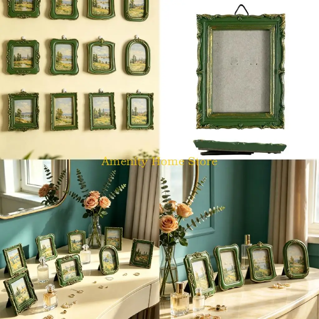F26C Small Art Mini Photo Stand with Green Gold Relief for Wall, Shelf, or Desk Placement Home for Daily Display