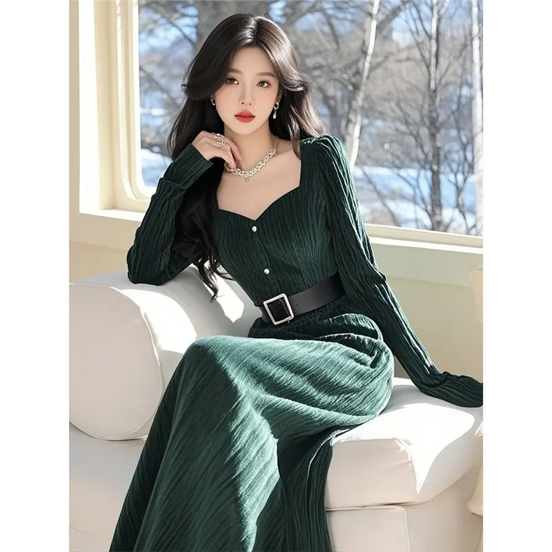 

High-end exquisite green corduroy dress robe argent robe demoiselle d honneur femme courte
