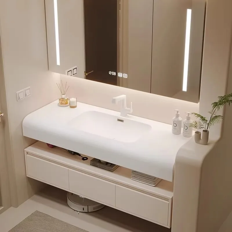 Modern minimalist rock slab seamless ceramic integrated basin bathroom cabinet