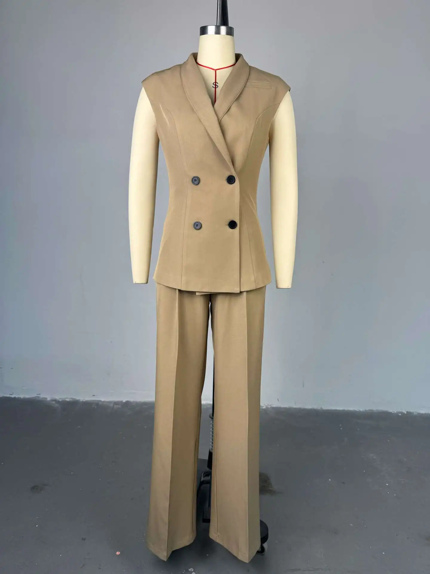 2026 New Womens Pant Suit Outfit Sleeveless Button V-Neck Vest Blazer and Wide Leg Pants 2 Pieces Set Female Work Matching Sets