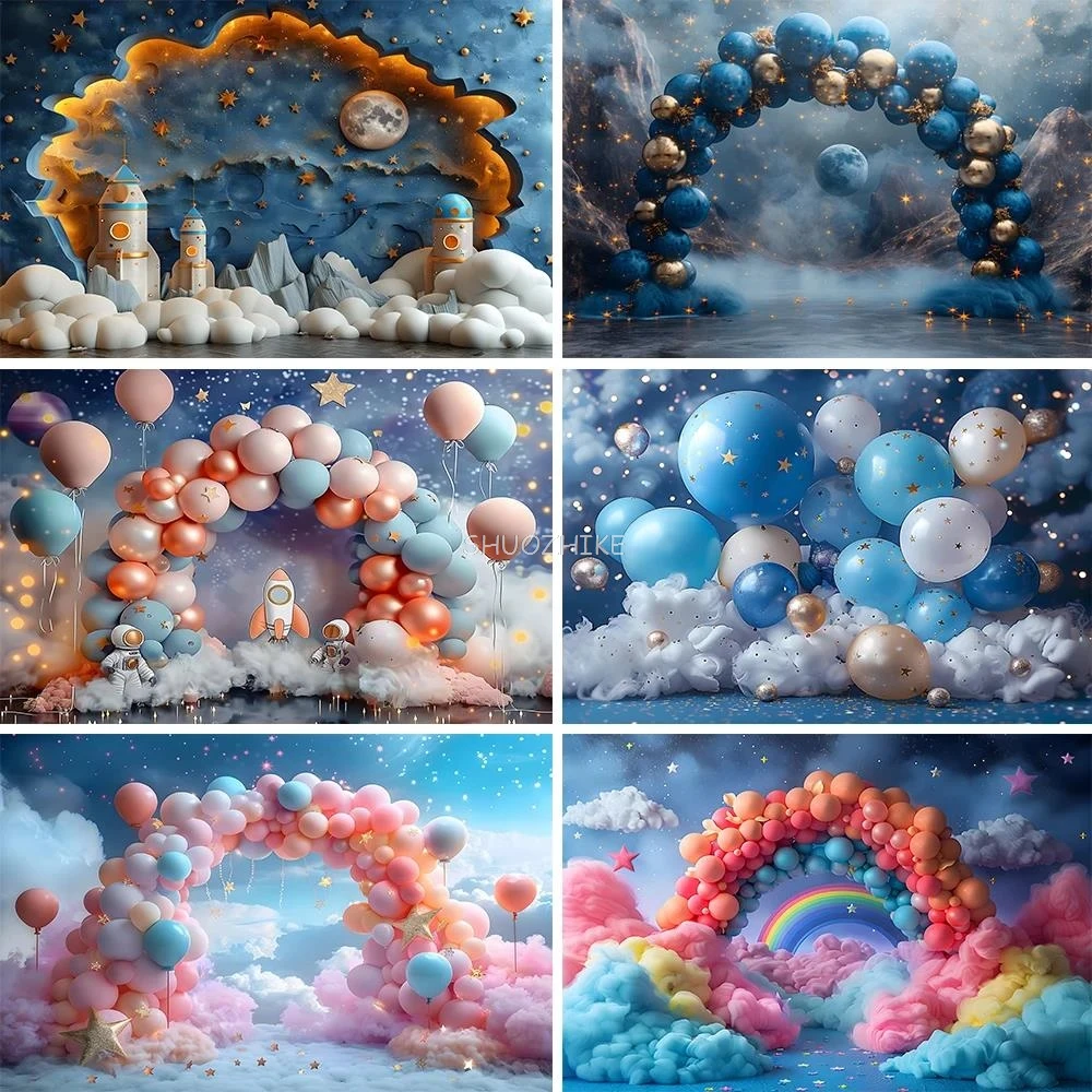 

Girl Birthday Party Background Banner Rocket Balloon Shining Star Decor Backdrop Newborn Cake Smash Photo Studio