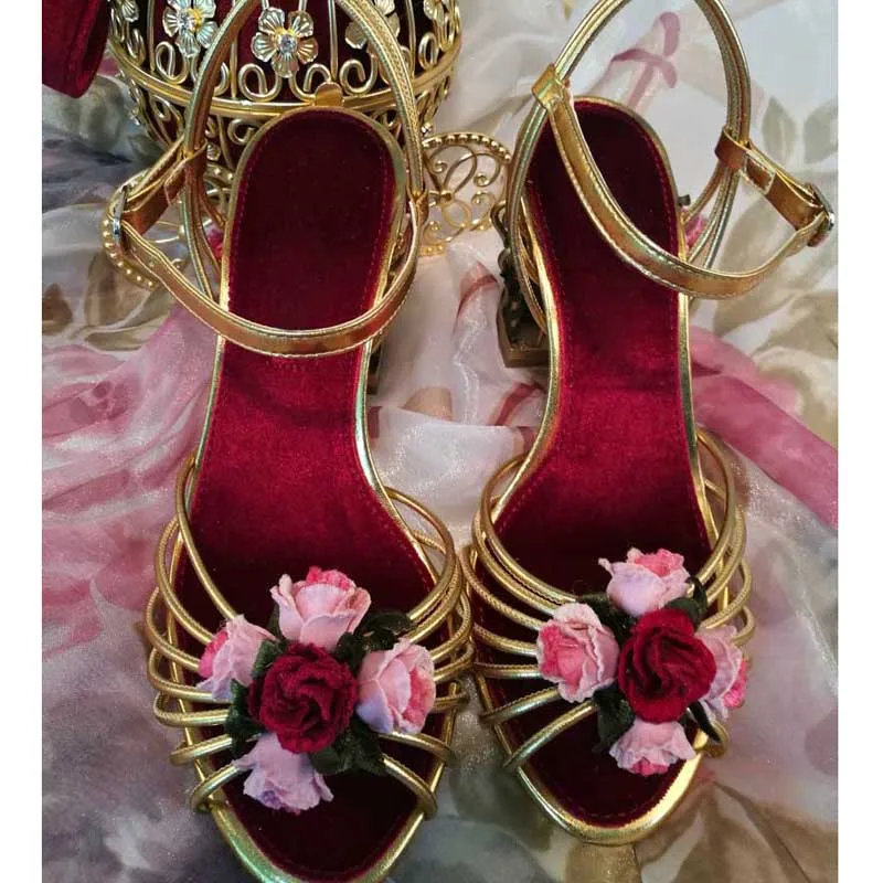 Metal Cage Heels Pink Red Rose Flower Sandals Gold Thin Straps Women Rose Vine Twined Chunky Fretwork Heel  Wedding Shoes