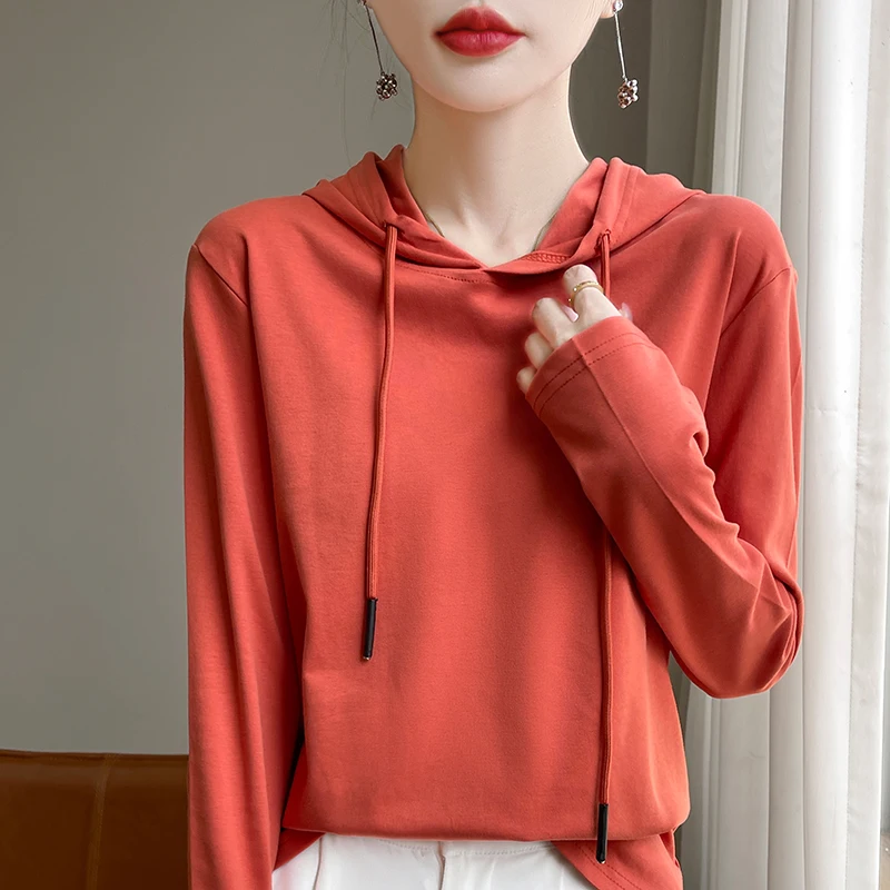 Spring and Autumn New Mercerized Cotton Hooded T-shirt Women's Cotton Joker Luxury Fashion Bottoming Shirt
