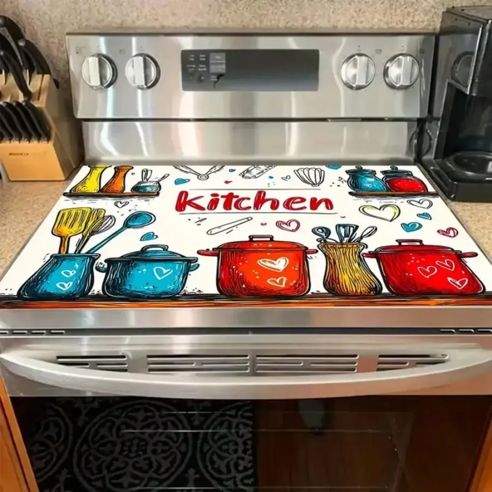 1pc Kitchen Stove Cover Protector - Red Heart Design, Heatproof Polyester, 2D Flat Style For Gas & Electric Stoves, Elegant Home Decor Accessory For Home Chefs & House Parties, Stove Top Protectors, Kitchen Appliance Cover, Playful Kitchenware Design view 2