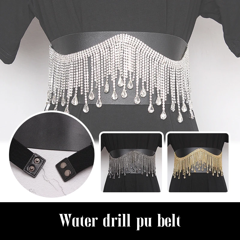 

Rhinestone Tassel PU Leather Wide Waist Belt Women Fashion Dress Elastic Belt Female Coat Corsets Waistband Cummerbund Decor