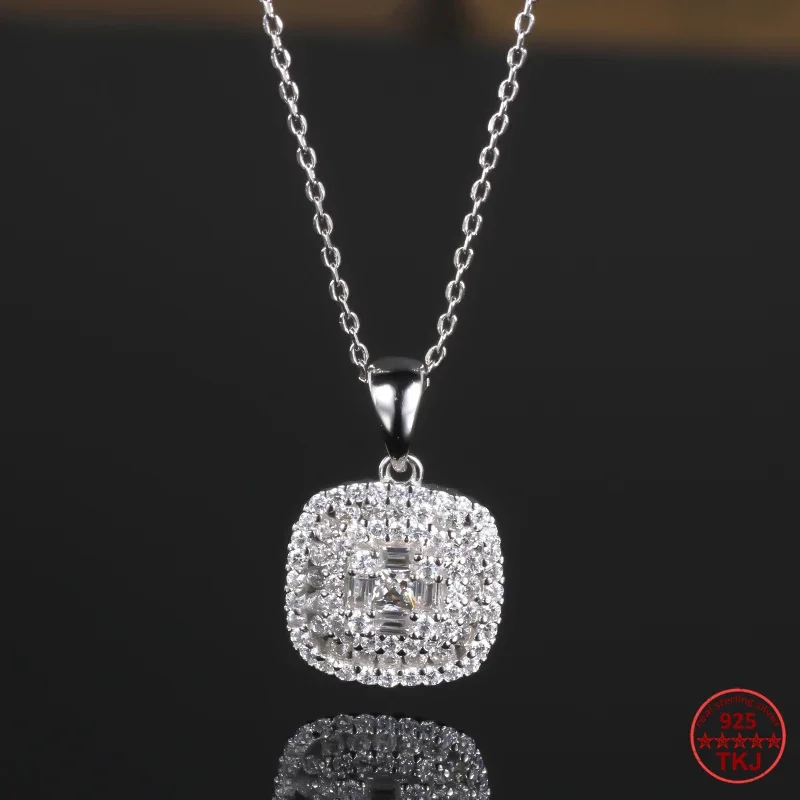 

KOSE 3mm Zircon Pendant Necklace Women's 40cm 925 Sterling Silver Chain Fashion Square Necklace Gift for Mom Top Free Shipping