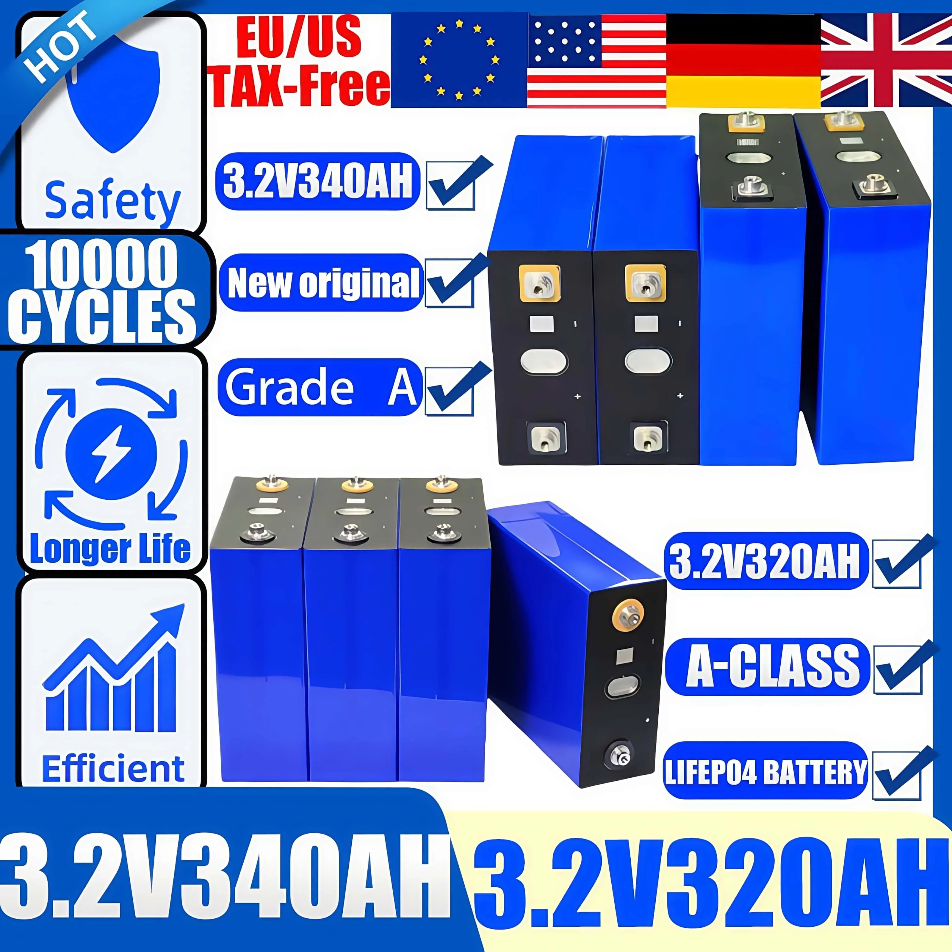 

New A-grade 3.2V320AH 340AH Lifepo4 Rechargeable Battery DIY 12V 24V 48V battery RV EV pack Golf solar energy camping duty-free