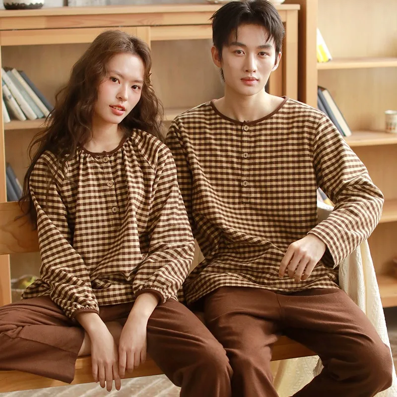 

Couples Long Sleeved Pants Crew Neck Pullover Pajama Set Pure Cotton Perfect Autumn Winter Lounging Outdoor Sleep Wear Thin XXL