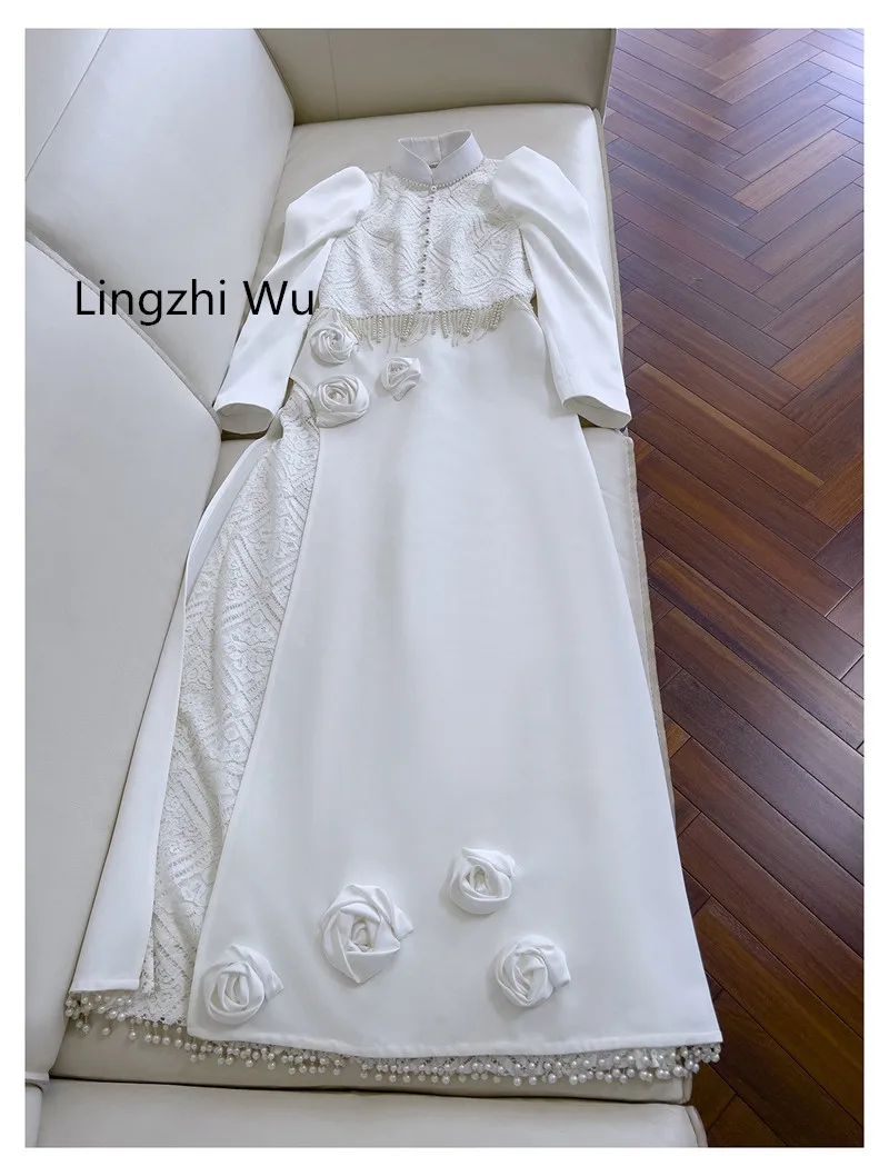 Lingzhi Wu French Design Lace Flower Tassel Long Dress Wedding Formal Dresses White Ladies Elegant Vestidos New Arrival