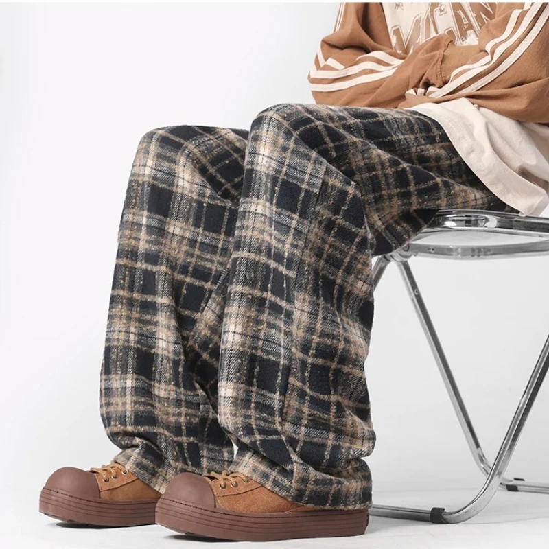 

Autumn Winter Plaid Trousers Men Streetwear Straight Warm Mop Trousers Loose Versatile Casual Trousers Men's Thermal Cargo Pants