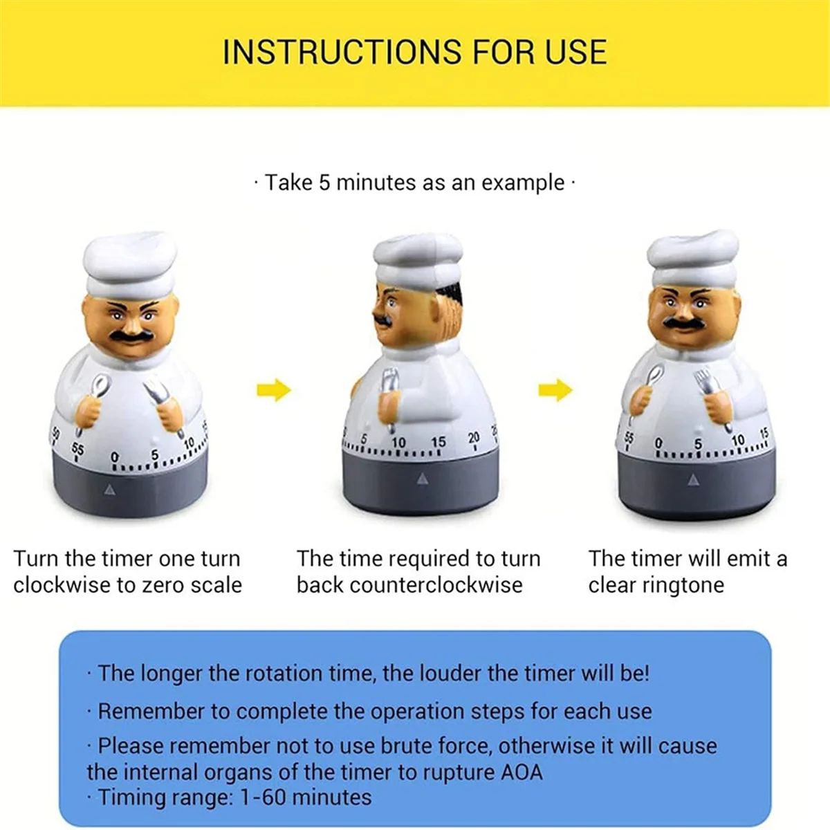 Sveglia a breve termine con timer per uova, timer da cucina da 60 minuti, cottura al forno, conto alla rovescia meccanico, timer da cucina