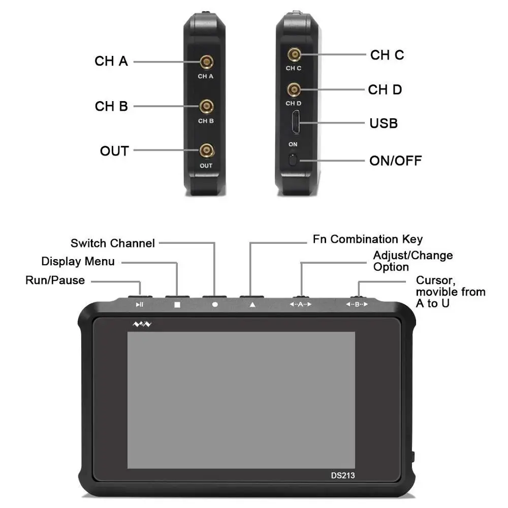 Pocket‑Sized Portable DS213 MINI USB Digital Oscilloscopio4 Channel 15MHz 100MS/S Storage Oscilloscope with LCD Display