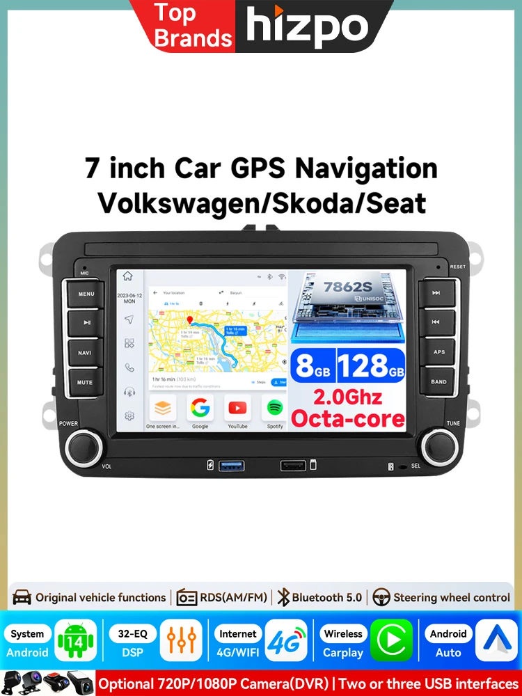7'' 2Din Radio Samochodowe Android Odtwarzacz Multimedialny GPS WiFi Carplay do Volkswagen Skoda Octavia Golf 5 6 Touran Passat Polo Jetta — 2