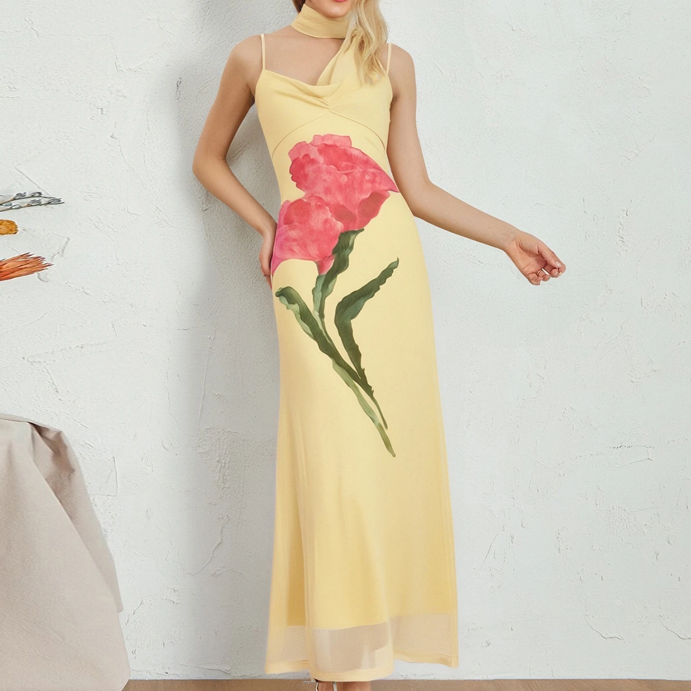 女性の花柄キャミドレス ノースリーブ スパゲッティ ストラップ ホルター ボディコン ロングドレス サマー ビーチ ドレス